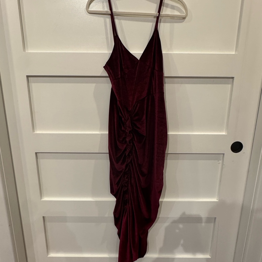 Ronny Kobo Collection Red Ruched Slip Midi Dress